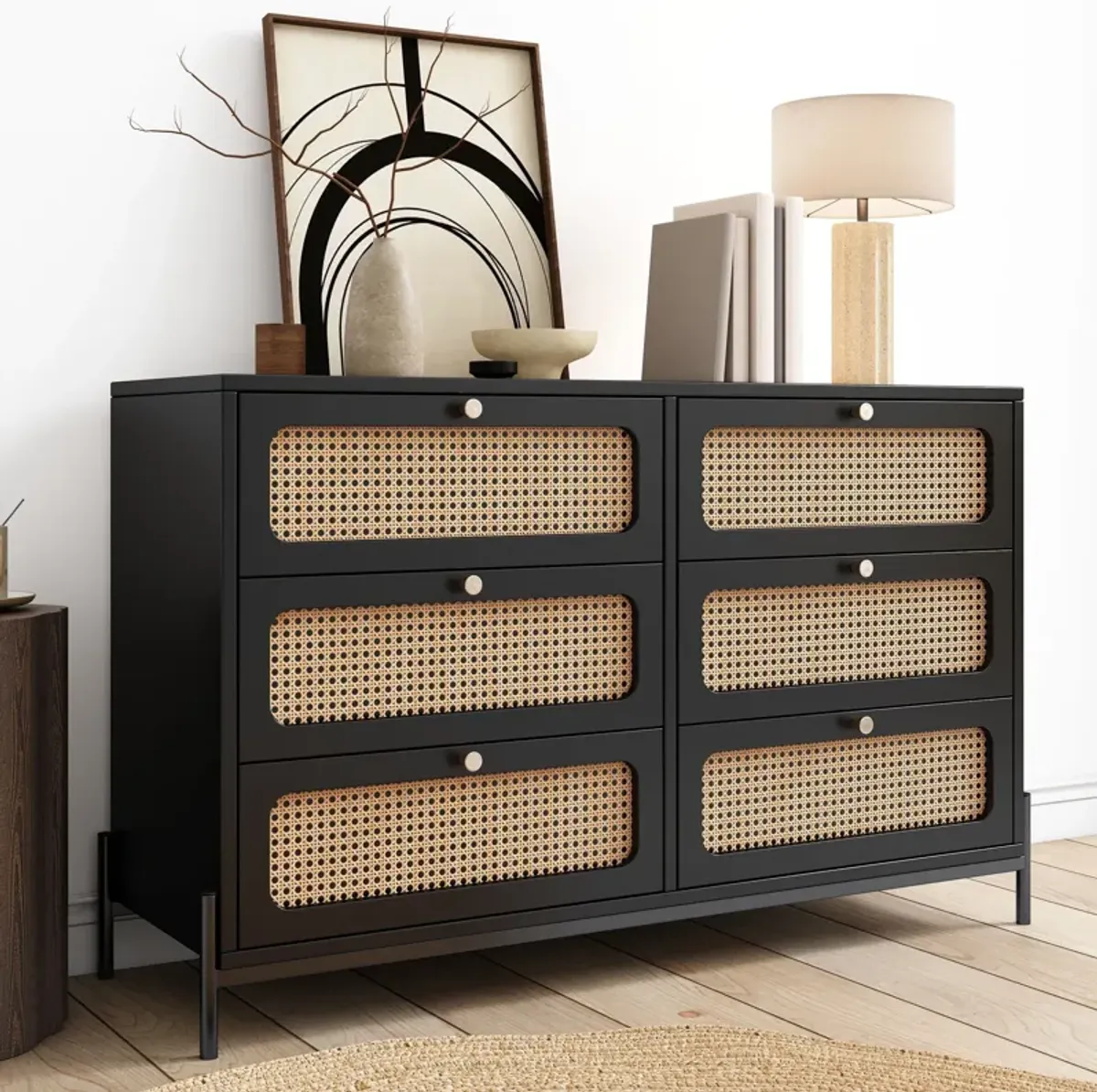 Modern Cannage Rattan Wood Closet 6 Drawer Dresser Wood Storage Cabinet Sideboard For Bedroom, Living Room, Entryway, Hallway