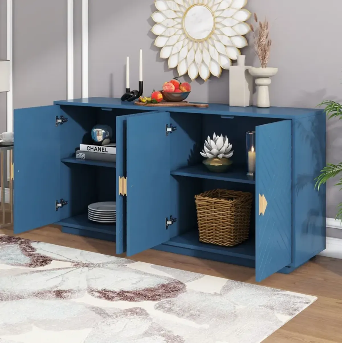 Modern Functional Large Storage Space Sideboard With Wooden Triangular Handles And Adjustable Shelves For Living Room And Dining Room