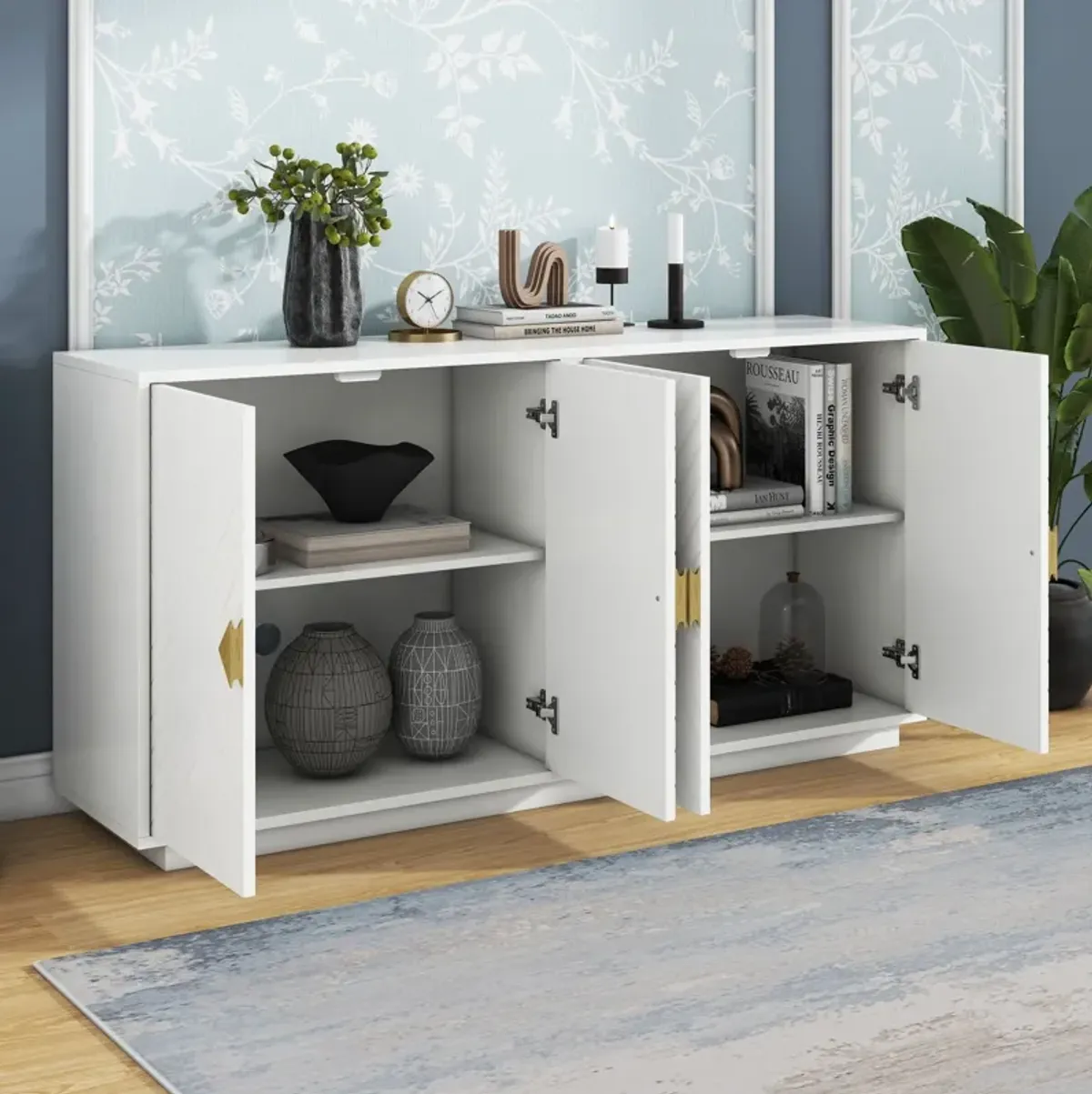 Modern Functional Large Storage Space Sideboard With Wooden Triangular Handles And Adjustable Shelves For Living Room And Dining Room