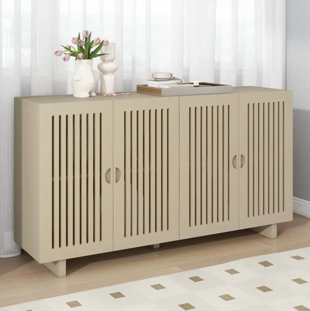 Modern Style Sideboard With Superior Storage Space, Hollow Door Design And 2 Adjustable Shelves For Living Room And Dining Room