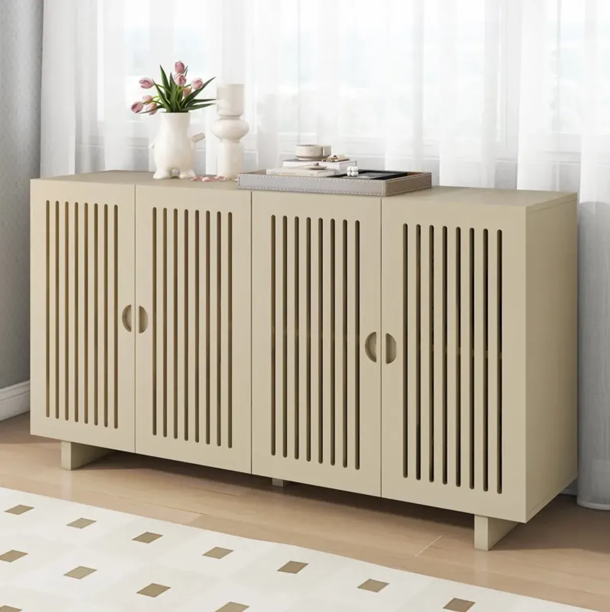 Modern Style Sideboard With Superior Storage Space, Hollow Door Design And 2 Adjustable Shelves For Living Room And Dining Room