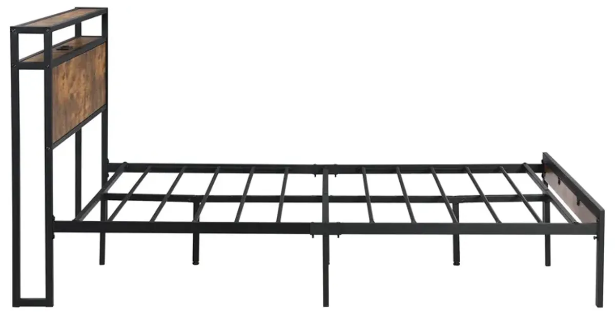 Metal Platform Bed Frame With Wooden Headboard And Footboard With USB Liner, No Box Spring Needed, Under Bed Storage