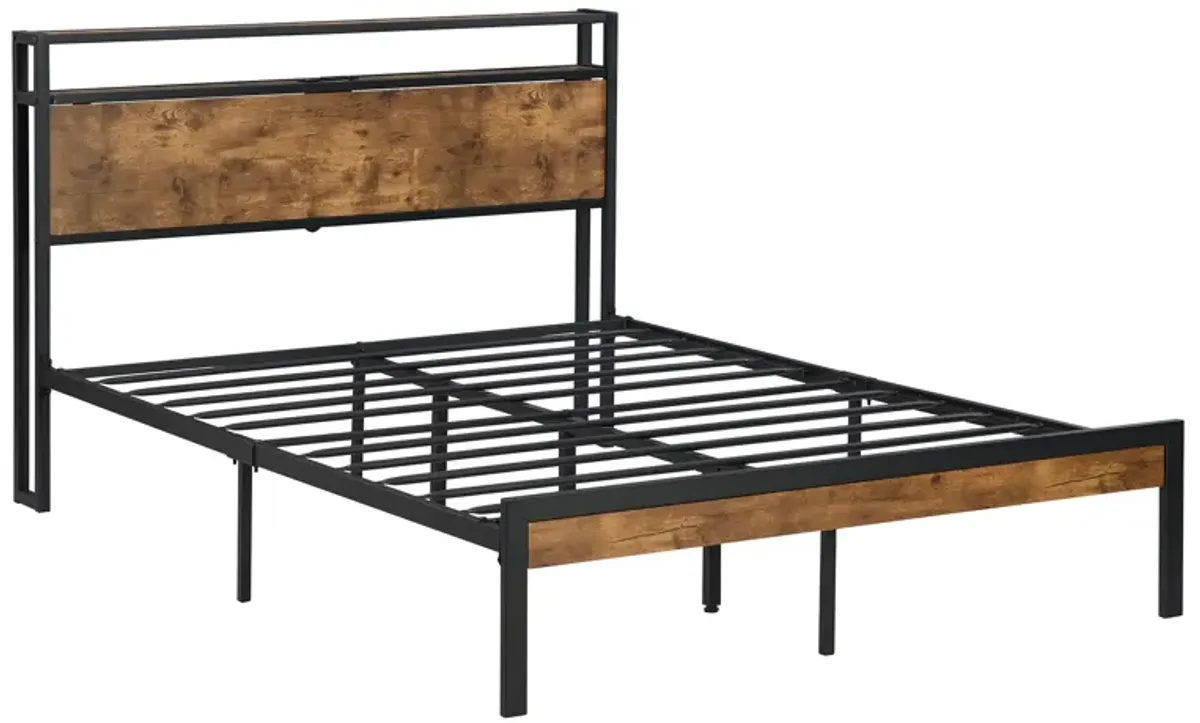 Metal Platform Bed Frame With Wooden Headboard And Footboard With USB Liner, No Box Spring Needed, Under Bed Storage