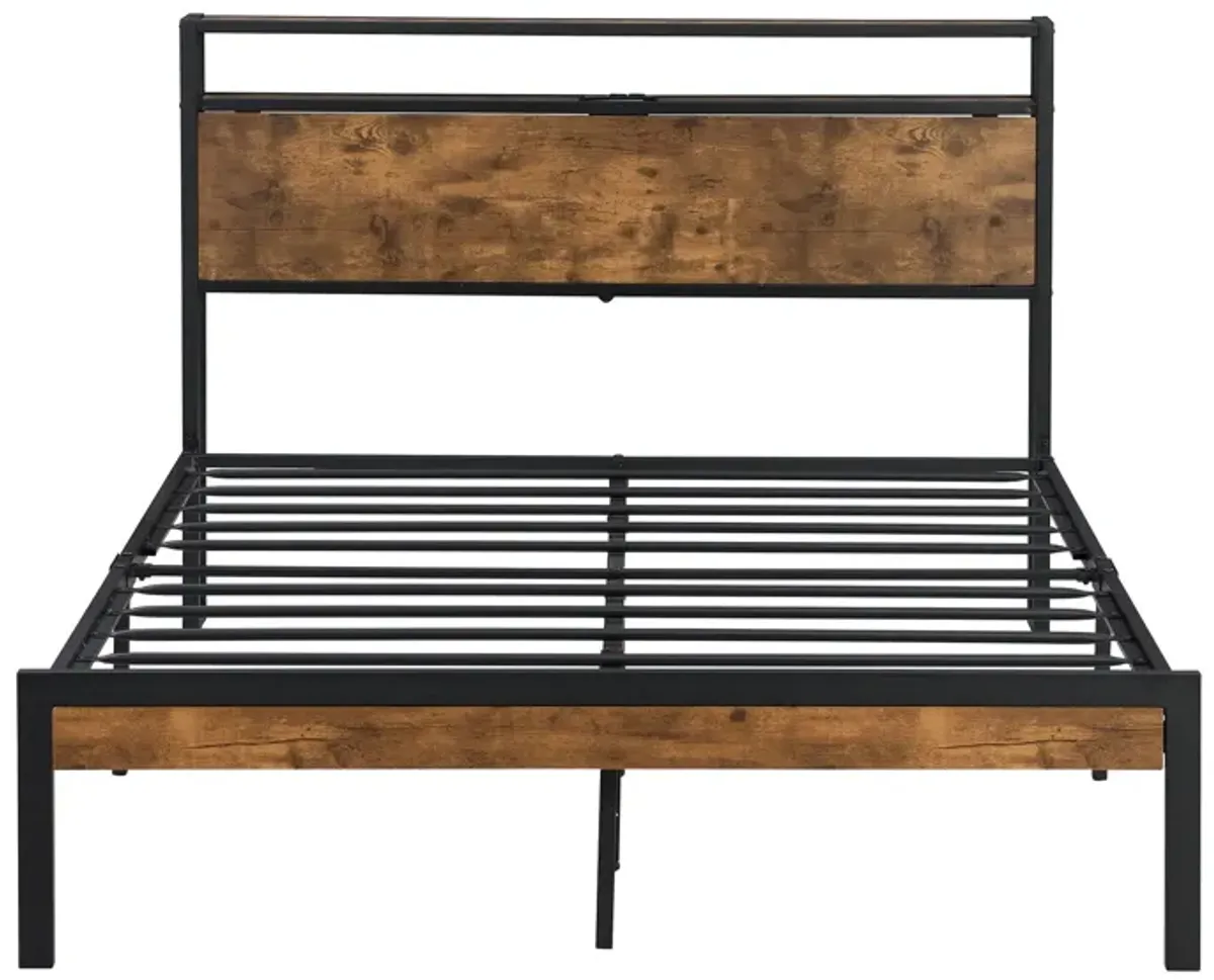 Metal Platform Bed Frame With Wooden Headboard And Footboard With USB Liner, No Box Spring Needed, Under Bed Storage