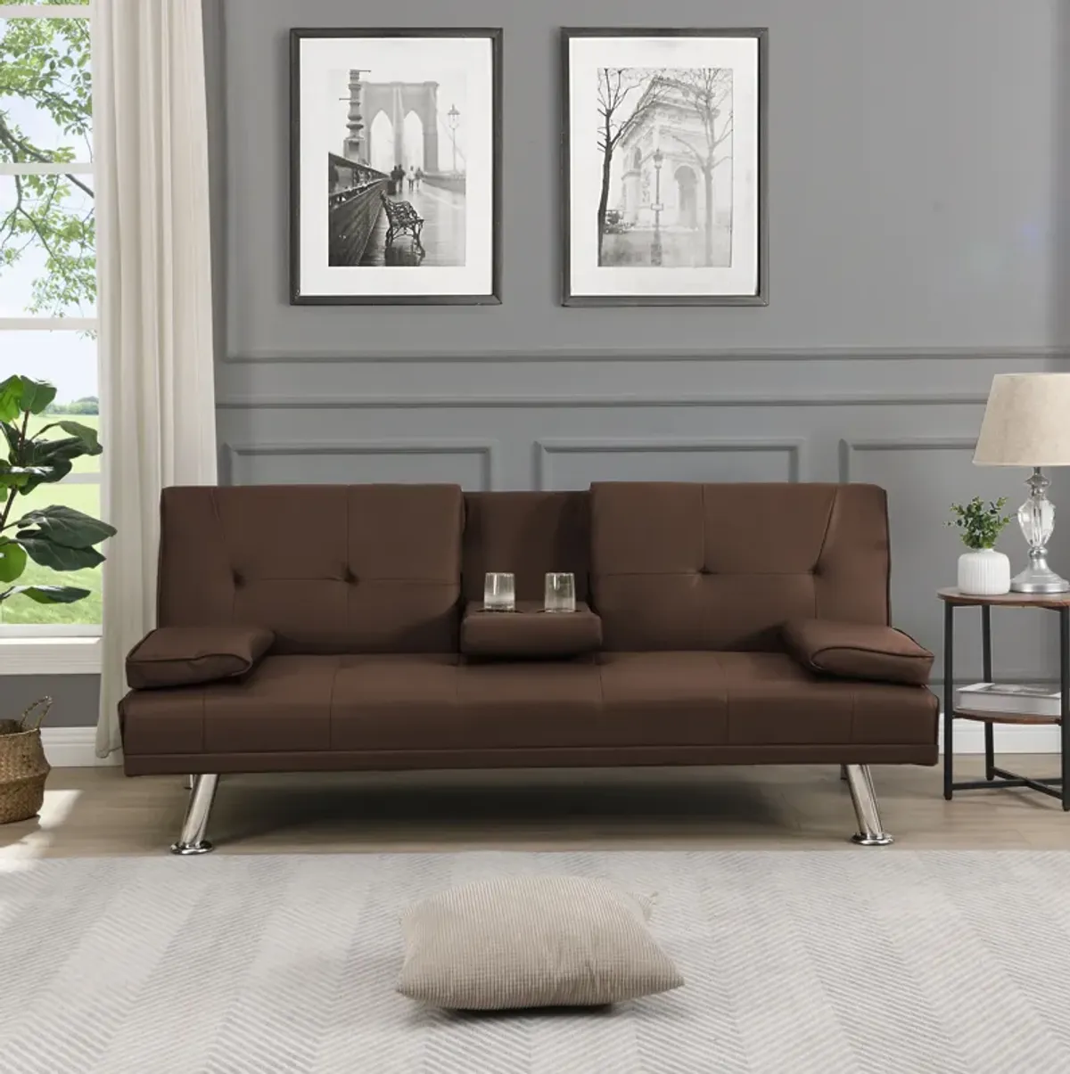 Futon Sofa Bed With Armrest Two Holders Wood Frame, Stainless Leg