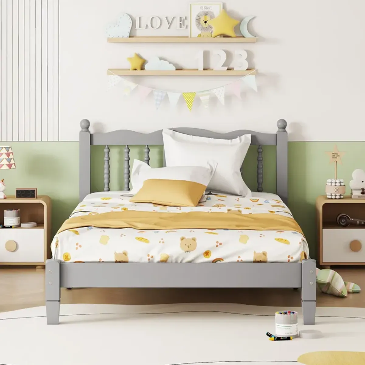 Bed With Column Decoration Headboard, With Bed Slats