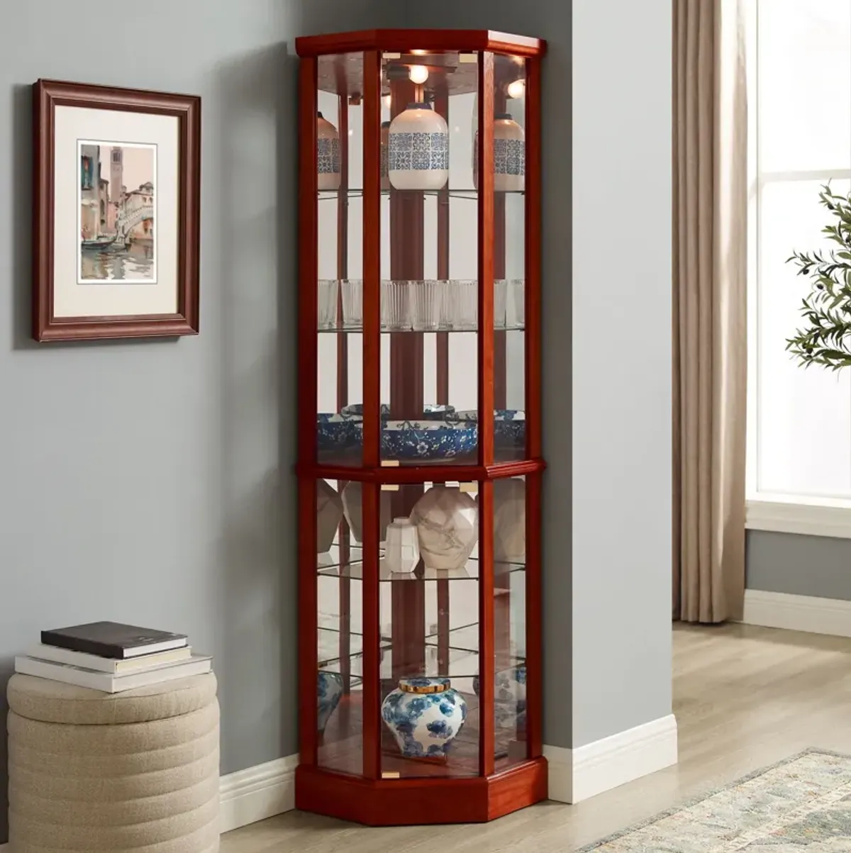 6 Shelf Lighted Corner Curio Cabinet With Adjustable Tempered Glass Shelves And Mirror Back (E26 Light Bulb Not Included)