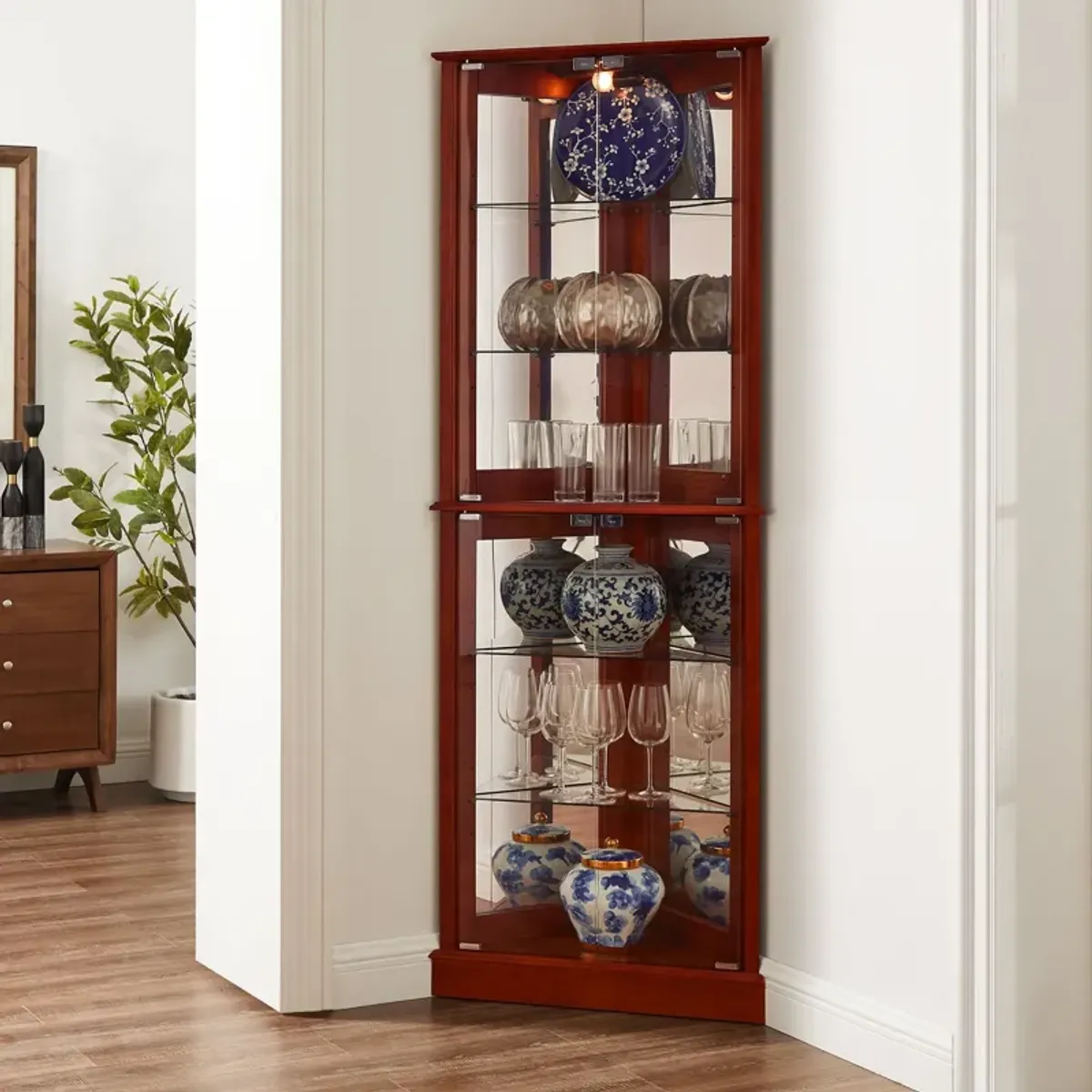 Corner Curio Dispaly Cabinet With Lights, Adjustable Tempered Glass Shelves, Mirrored Back (E26 Light Bulb Not Included)