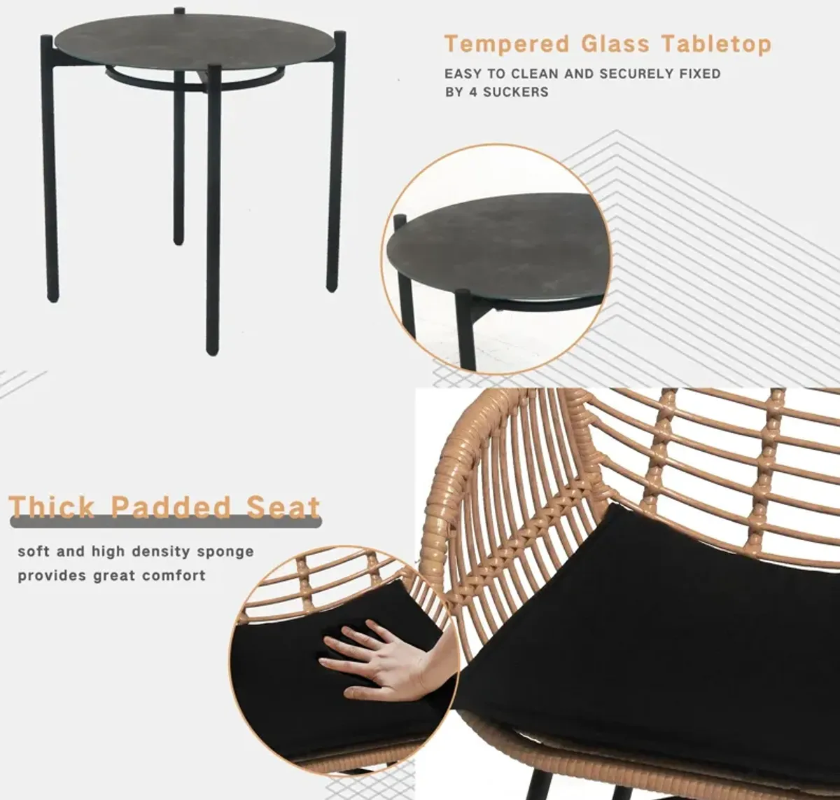 3 Pieces Of Luxury Outdoor Wicker Furniture, Patio Bistro Style Table And Chair Combination, Weather Resistant PE Wicker Weave, Suitable For Garden - Black / Natural