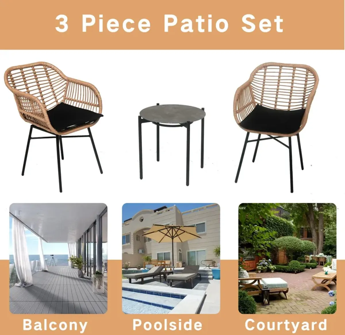 3 Pieces Of Luxury Outdoor Wicker Furniture, Patio Bistro Style Table And Chair Combination, Weather Resistant PE Wicker Weave, Suitable For Garden - Black / Natural