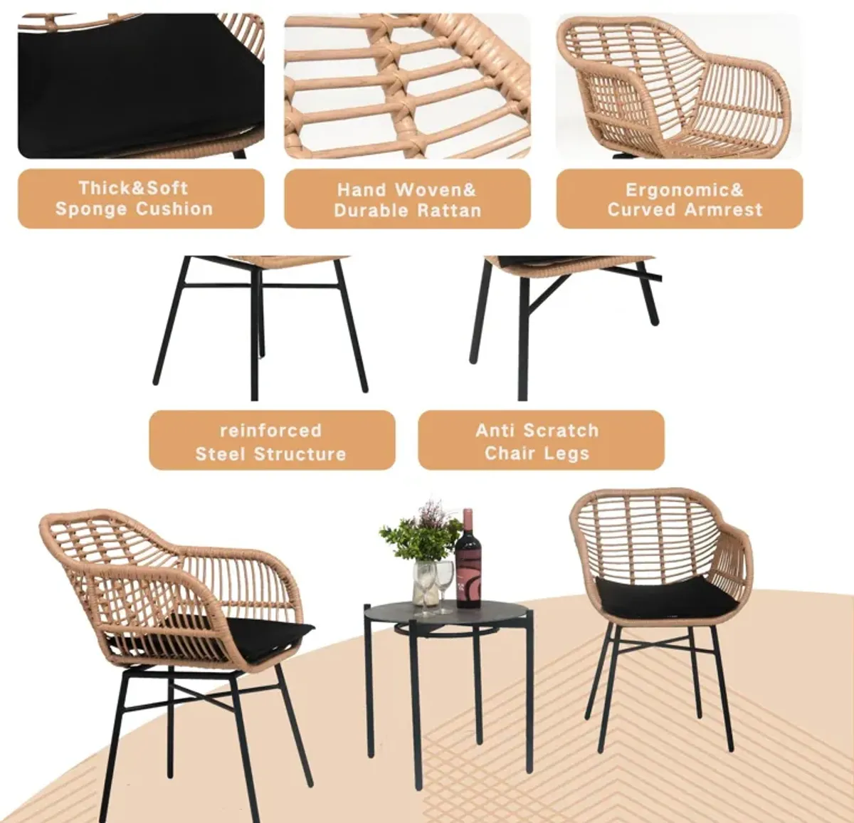 3 Pieces Of Luxury Outdoor Wicker Furniture, Patio Bistro Style Table And Chair Combination, Weather Resistant PE Wicker Weave, Suitable For Garden - Black / Natural