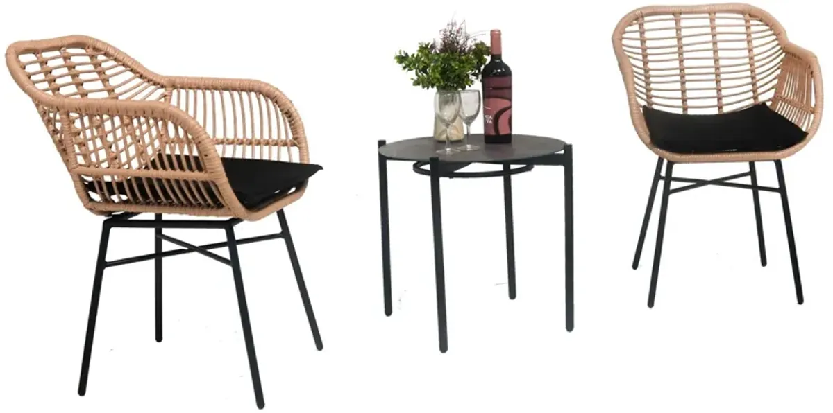 3 Pieces Of Luxury Outdoor Wicker Furniture, Patio Bistro Style Table And Chair Combination, Weather Resistant PE Wicker Weave, Suitable For Garden - Black / Natural