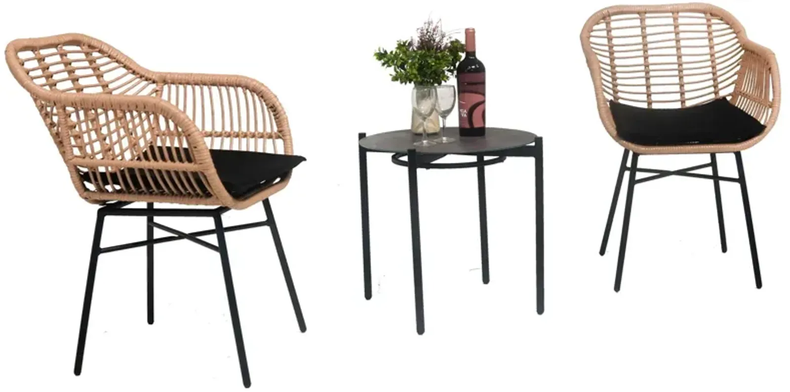 3 Pieces Of Luxury Outdoor Wicker Furniture, Patio Bistro Style Table And Chair Combination, Weather Resistant PE Wicker Weave, Suitable For Garden - Black / Natural