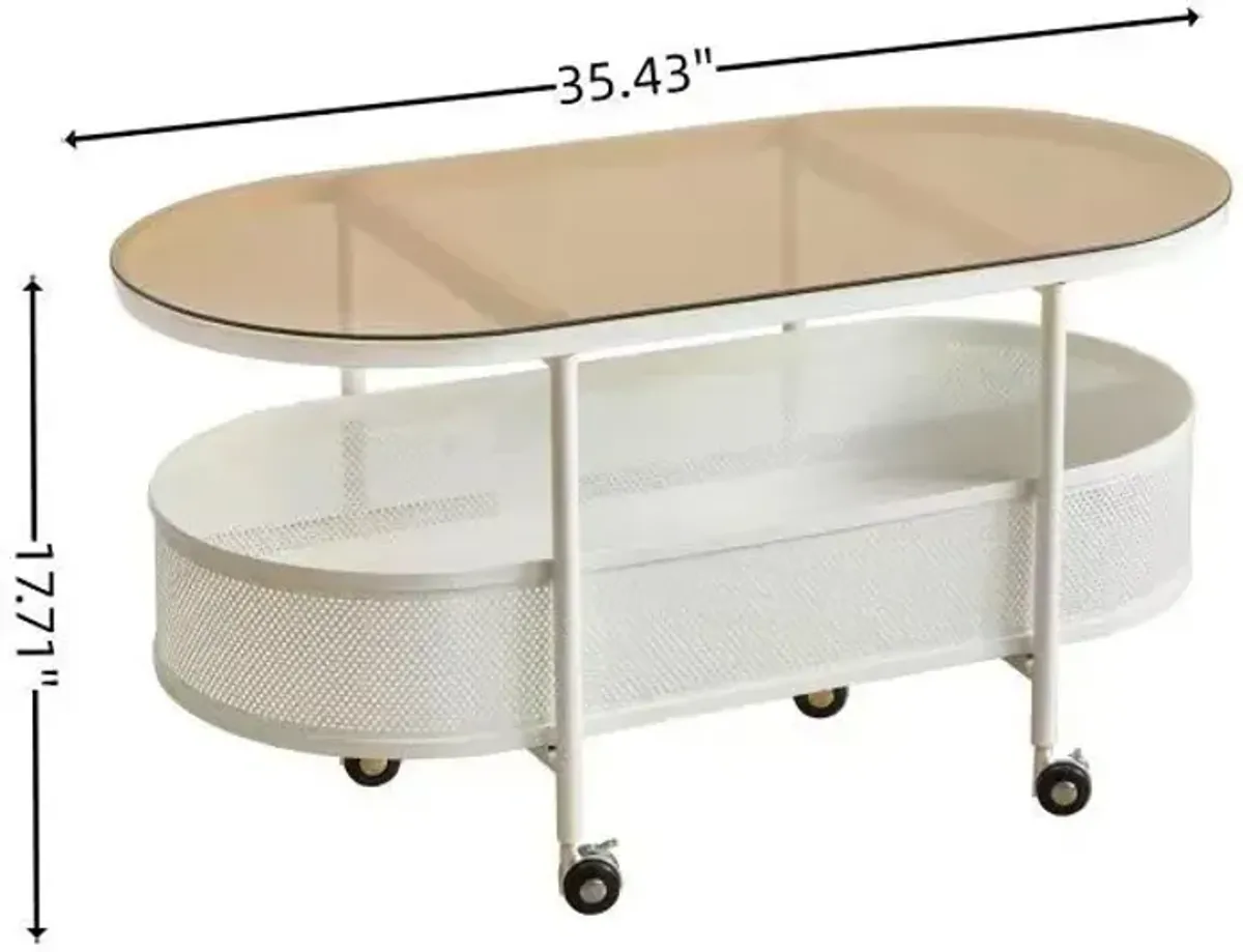 Movable Oval Metal Glass Coffee Table With Storage - White