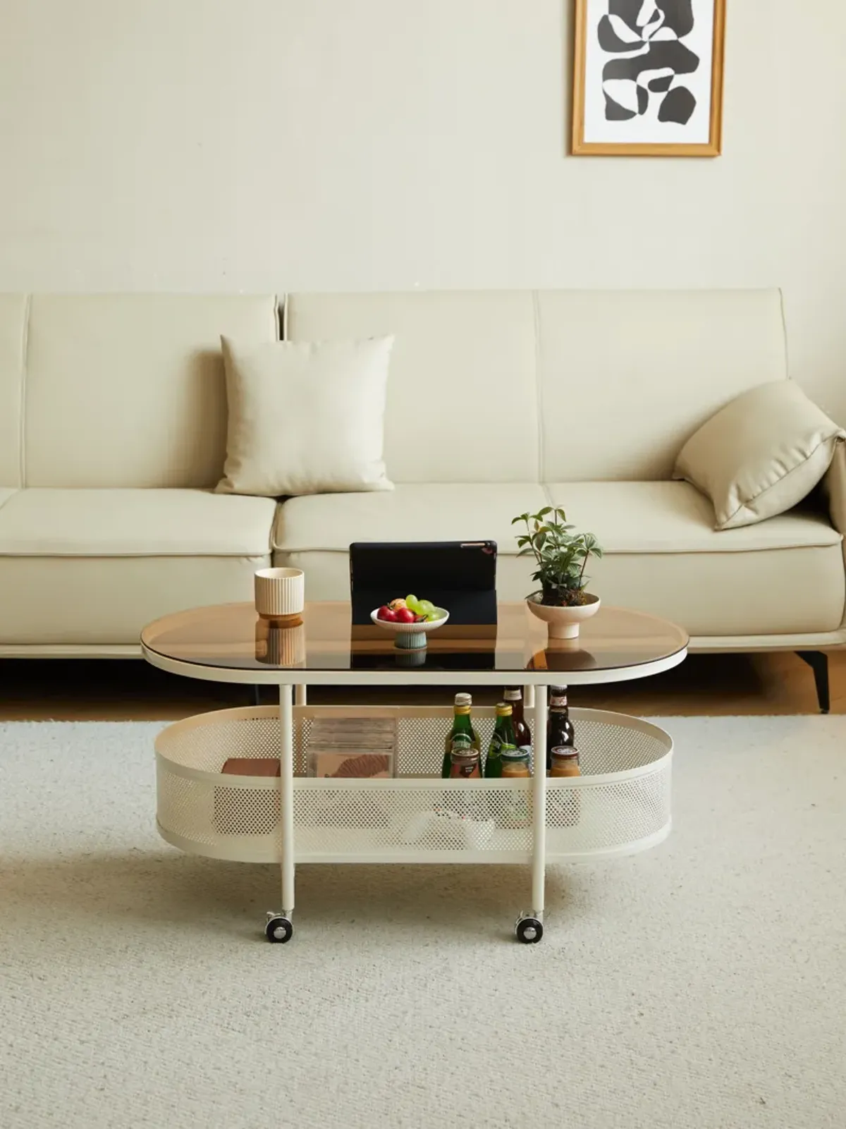 Movable Oval Metal Glass Coffee Table With Storage - White