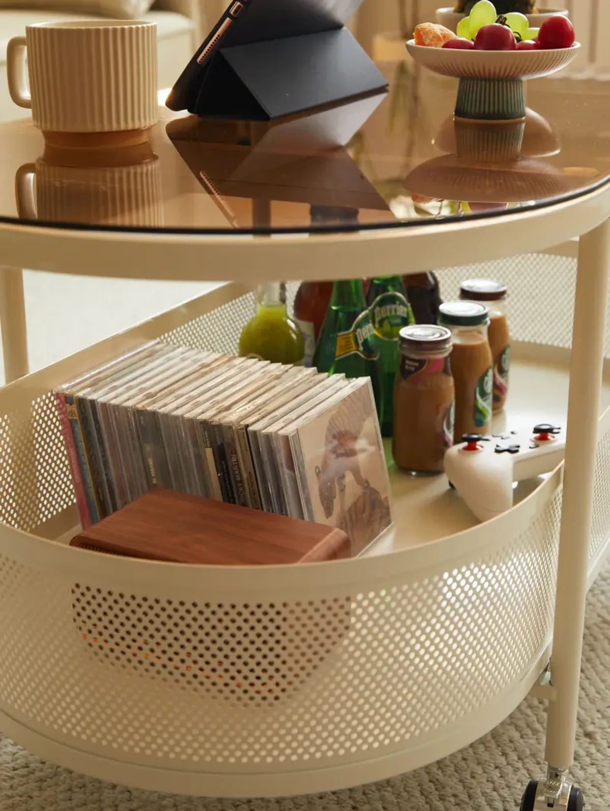 Movable Oval Metal Glass Coffee Table With Storage - White