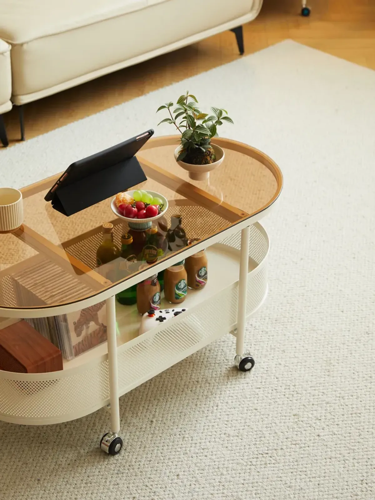 Movable Oval Metal Glass Coffee Table With Storage - White