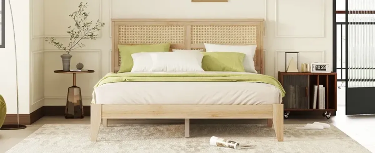 Queen Size Rubber Wooden, Solid Wooden Bed With Rattan Headboard, Enhanced By Support Feet - Natural