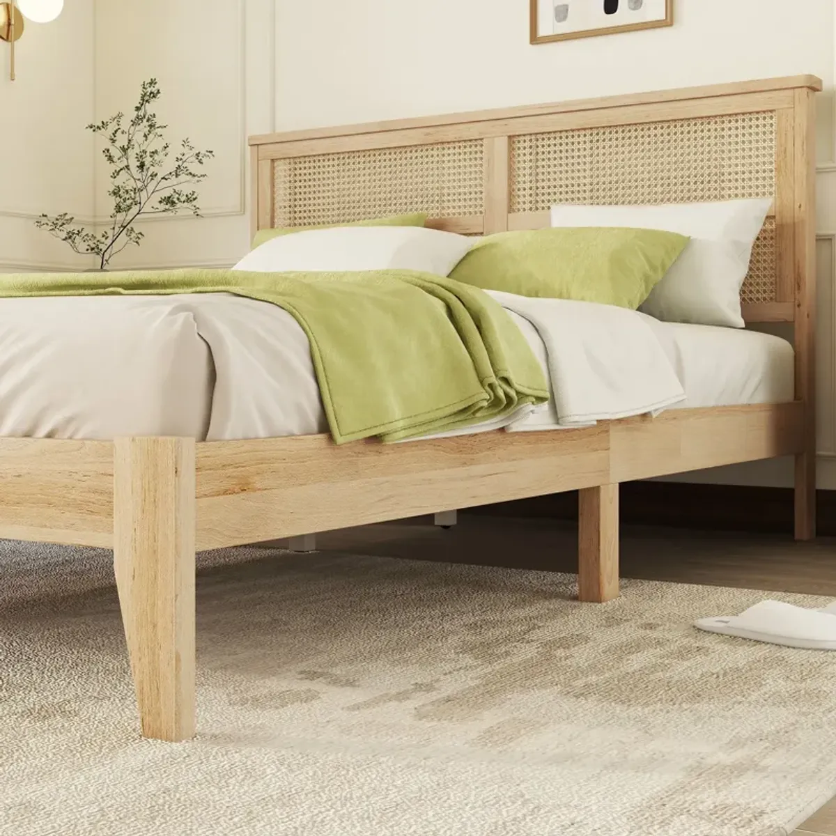 Queen Size Rubber Wooden, Solid Wooden Bed With Rattan Headboard, Enhanced By Support Feet - Natural