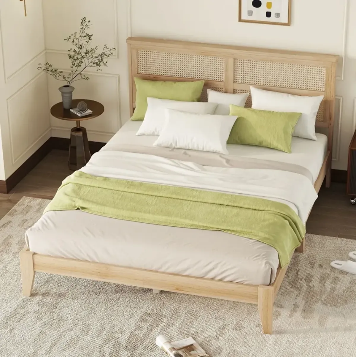 Queen Size Rubber Wooden, Solid Wooden Bed With Rattan Headboard, Enhanced By Support Feet - Natural