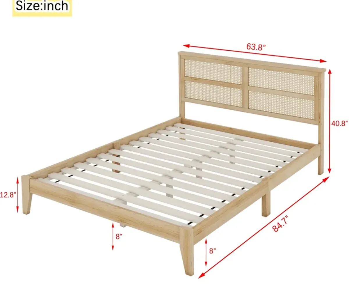 Queen Size Rubber Wooden, Solid Wooden Bed With Rattan Headboard, Enhanced By Support Feet - Natural