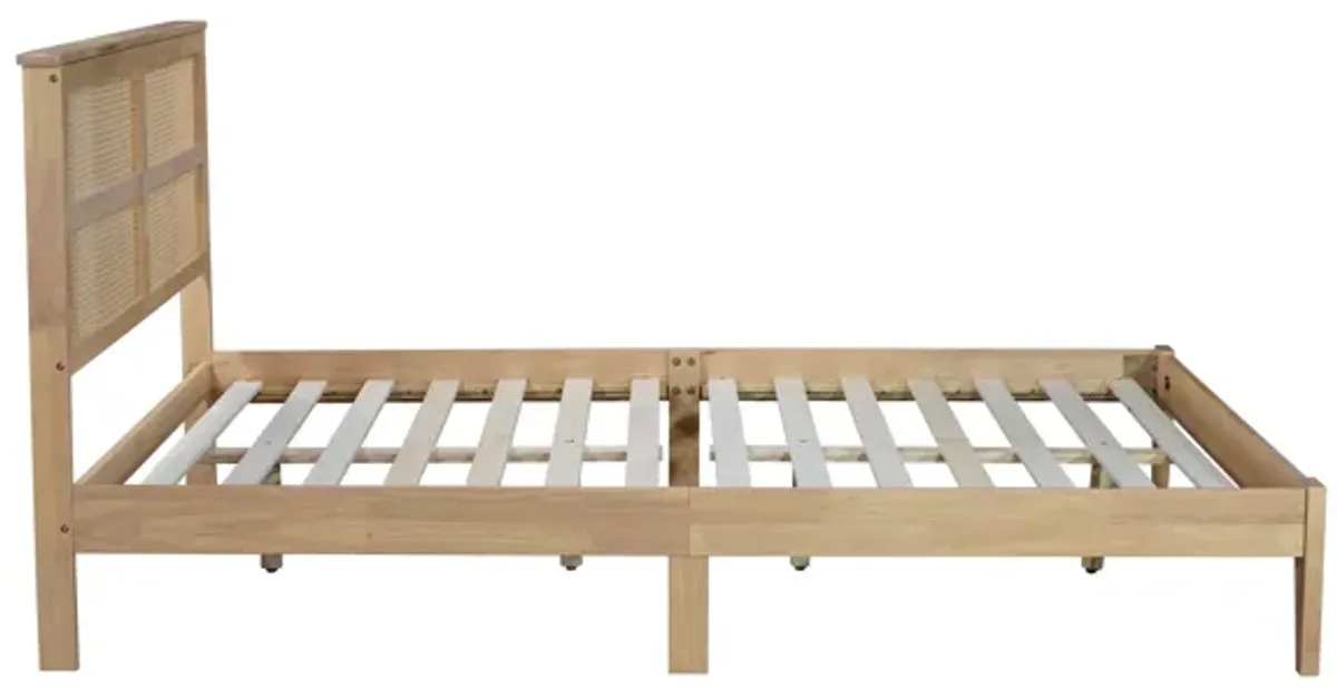 Queen Size Rubber Wooden, Solid Wooden Bed With Rattan Headboard, Enhanced By Support Feet - Natural