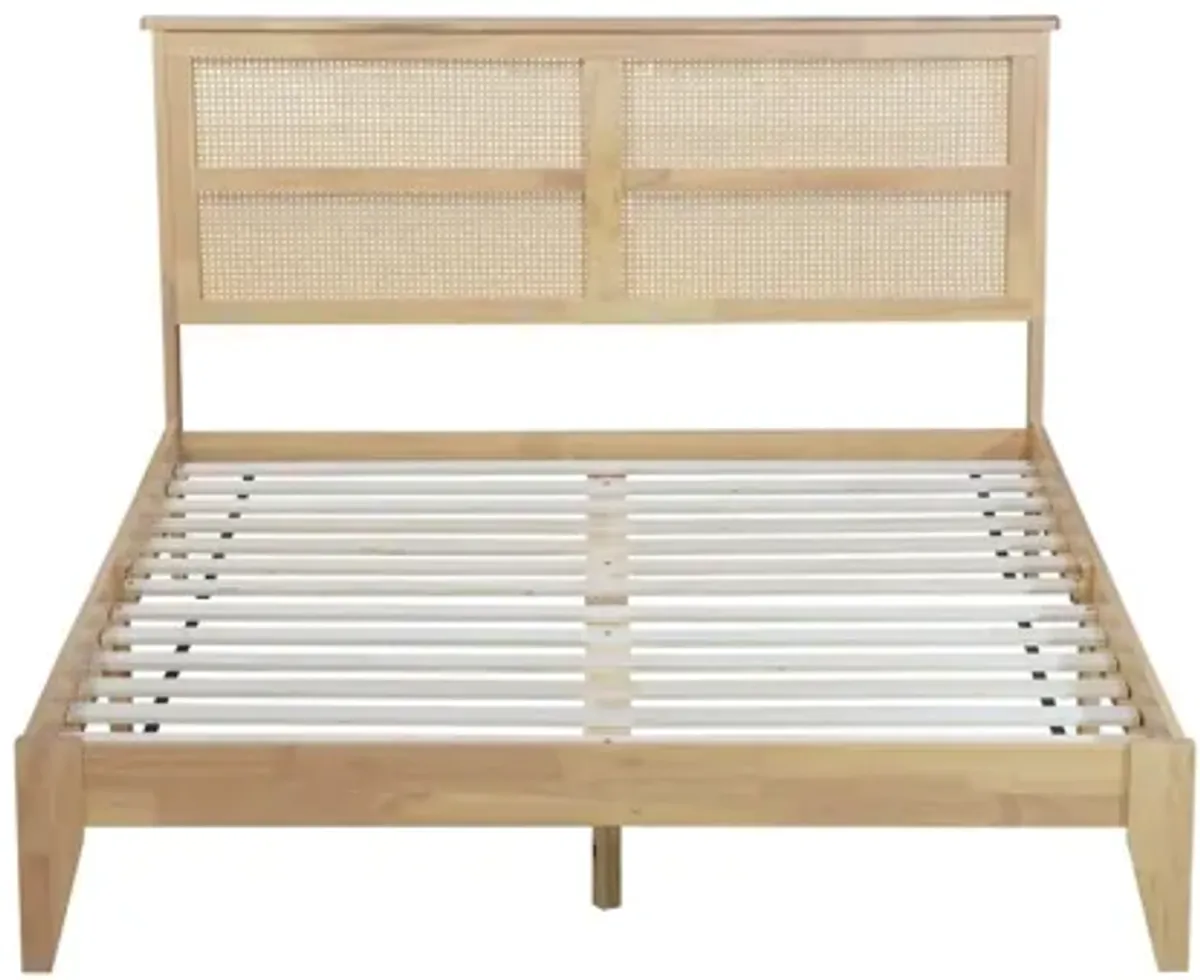 Queen Size Rubber Wooden, Solid Wooden Bed With Rattan Headboard, Enhanced By Support Feet - Natural