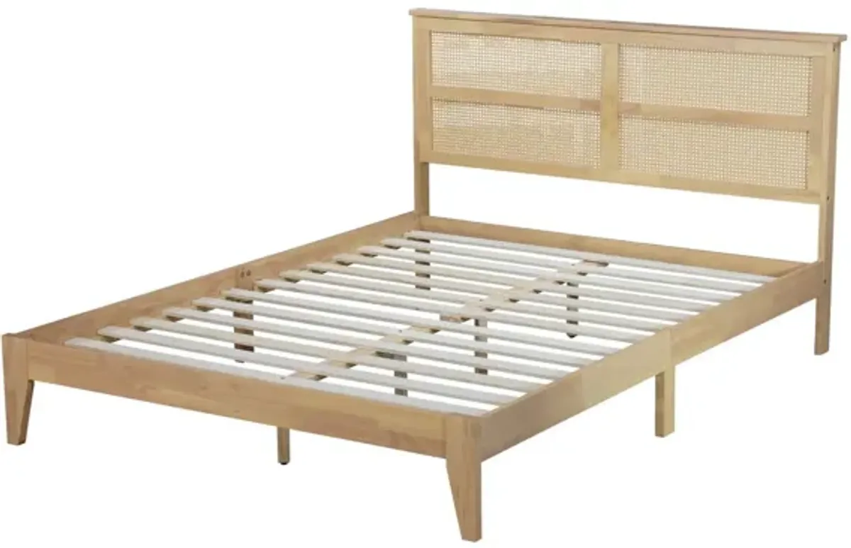 Queen Size Rubber Wooden, Solid Wooden Bed With Rattan Headboard, Enhanced By Support Feet - Natural