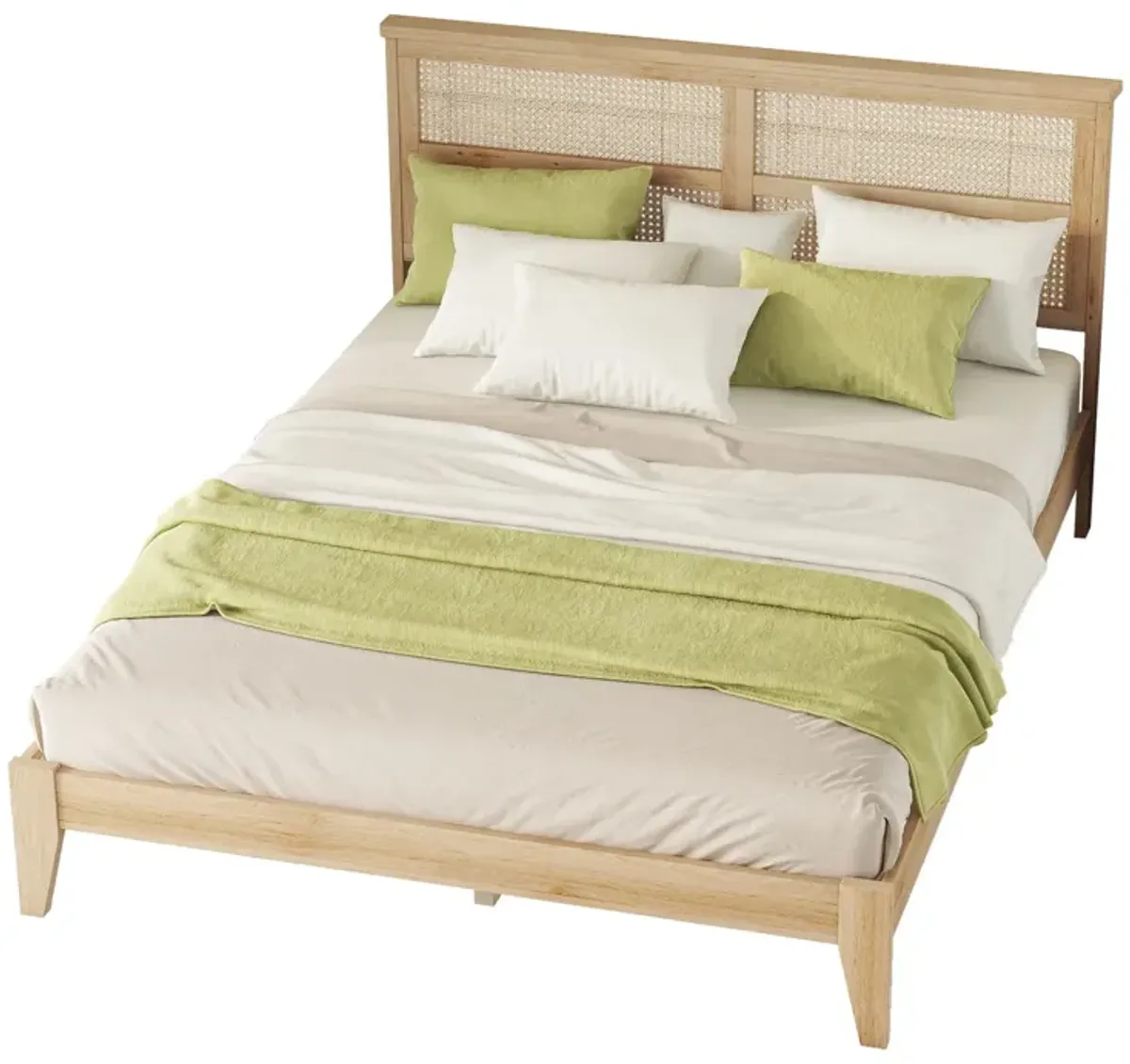 Queen Size Rubber Wooden, Solid Wooden Bed With Rattan Headboard, Enhanced By Support Feet - Natural