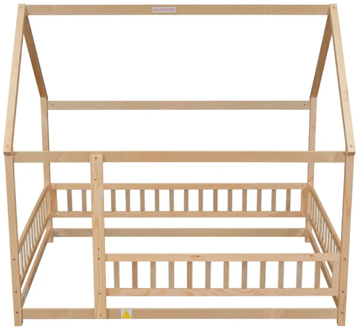 Floor Wooden Bed With House Roof Frame, Fence Guardrails