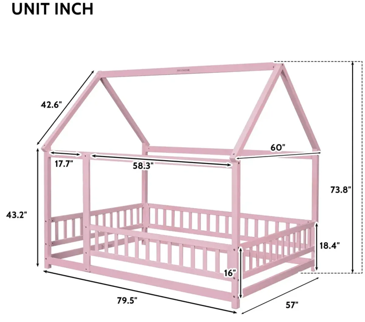 Floor Wooden Bed With House Roof Frame, Fence Guardrails