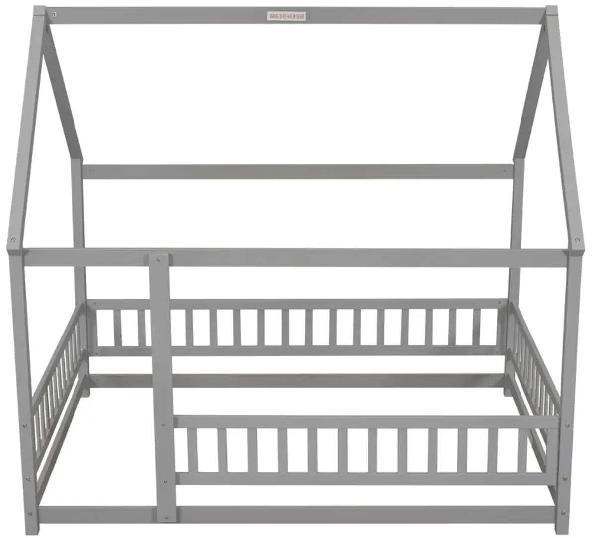 Floor Wooden Bed With House Roof Frame, Fence Guardrails