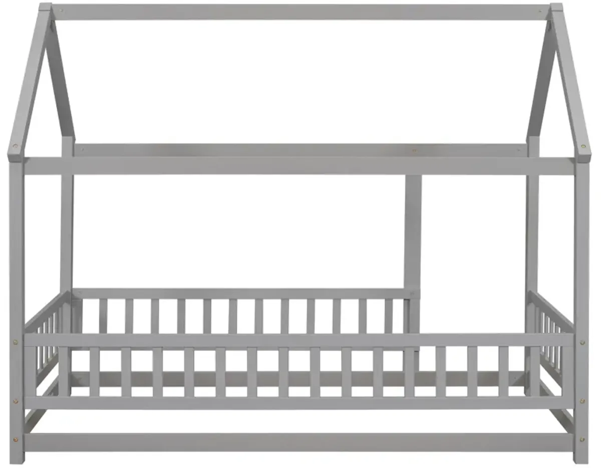 Floor Wooden Bed With House Roof Frame, Fence Guardrails