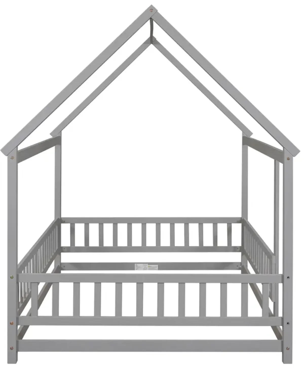 Floor Wooden Bed With House Roof Frame, Fence Guardrails