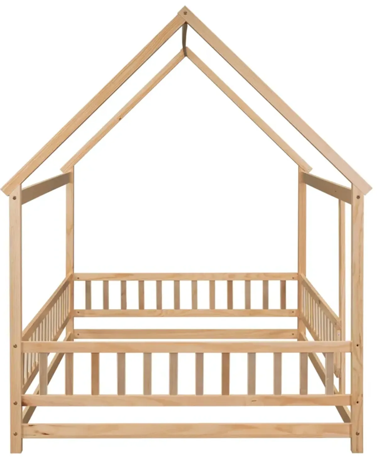 Floor Wooden Bed With House Roof Frame, Fence Guardrails