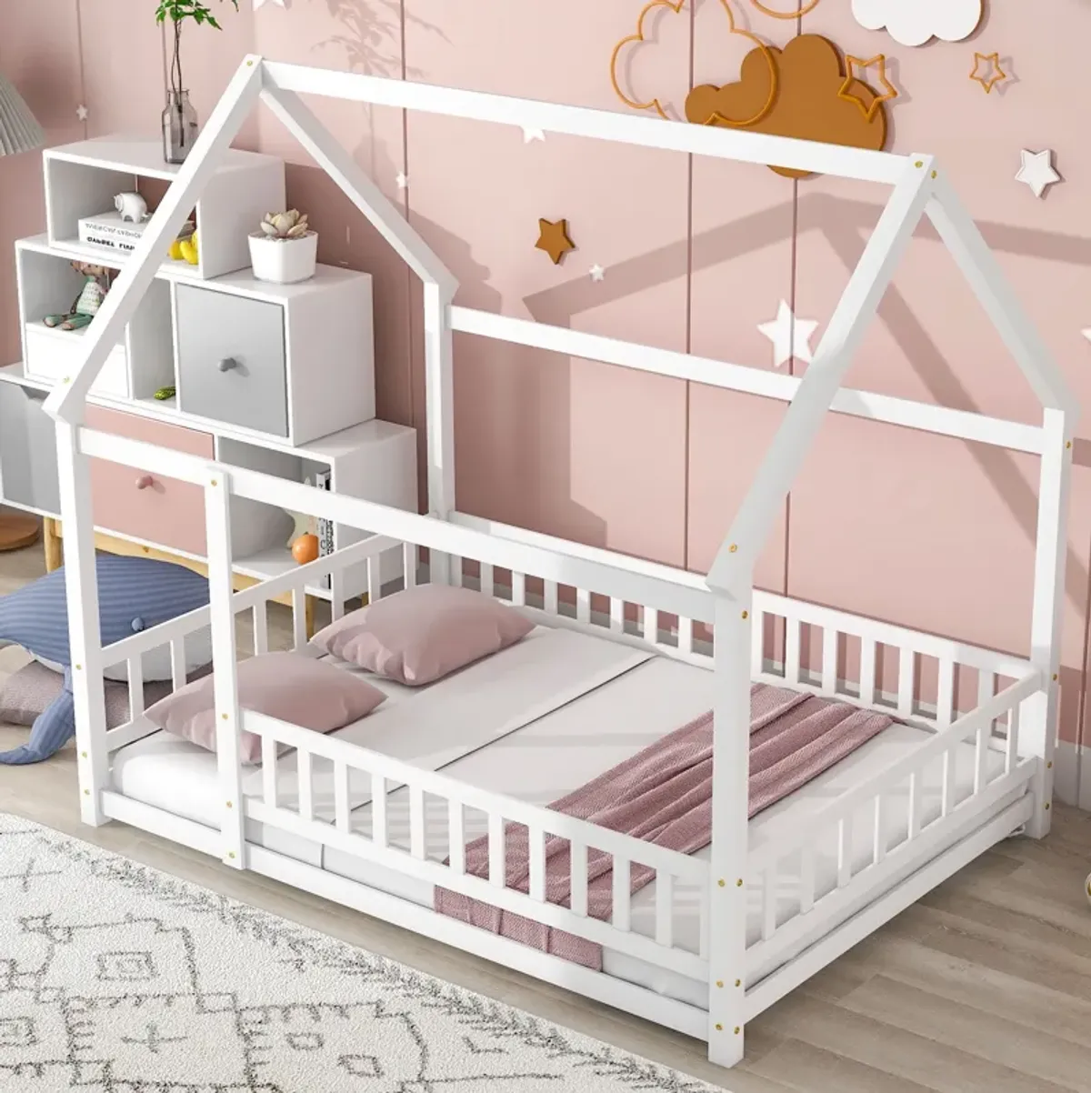 Floor Wooden Bed With House Roof Frame, Fence Guardrails