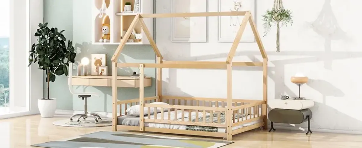 Floor Wooden Bed With House Roof Frame, Fence Guardrails