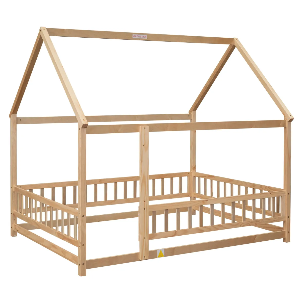 Floor Wooden Bed With House Roof Frame, Fence Guardrails