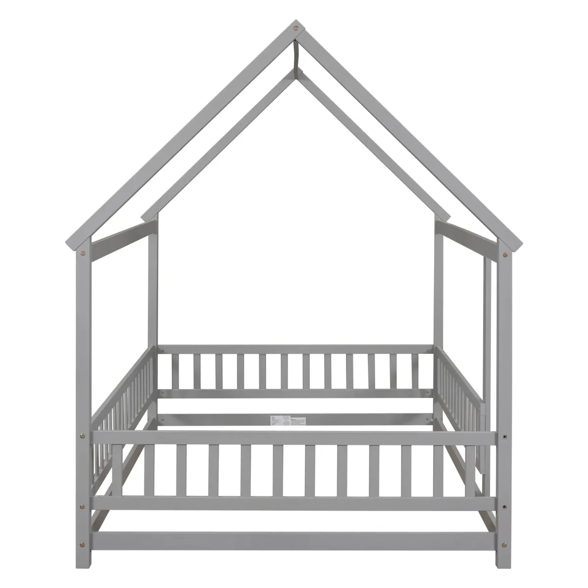 Floor Wooden Bed With House Roof Frame, Fence Guardrails