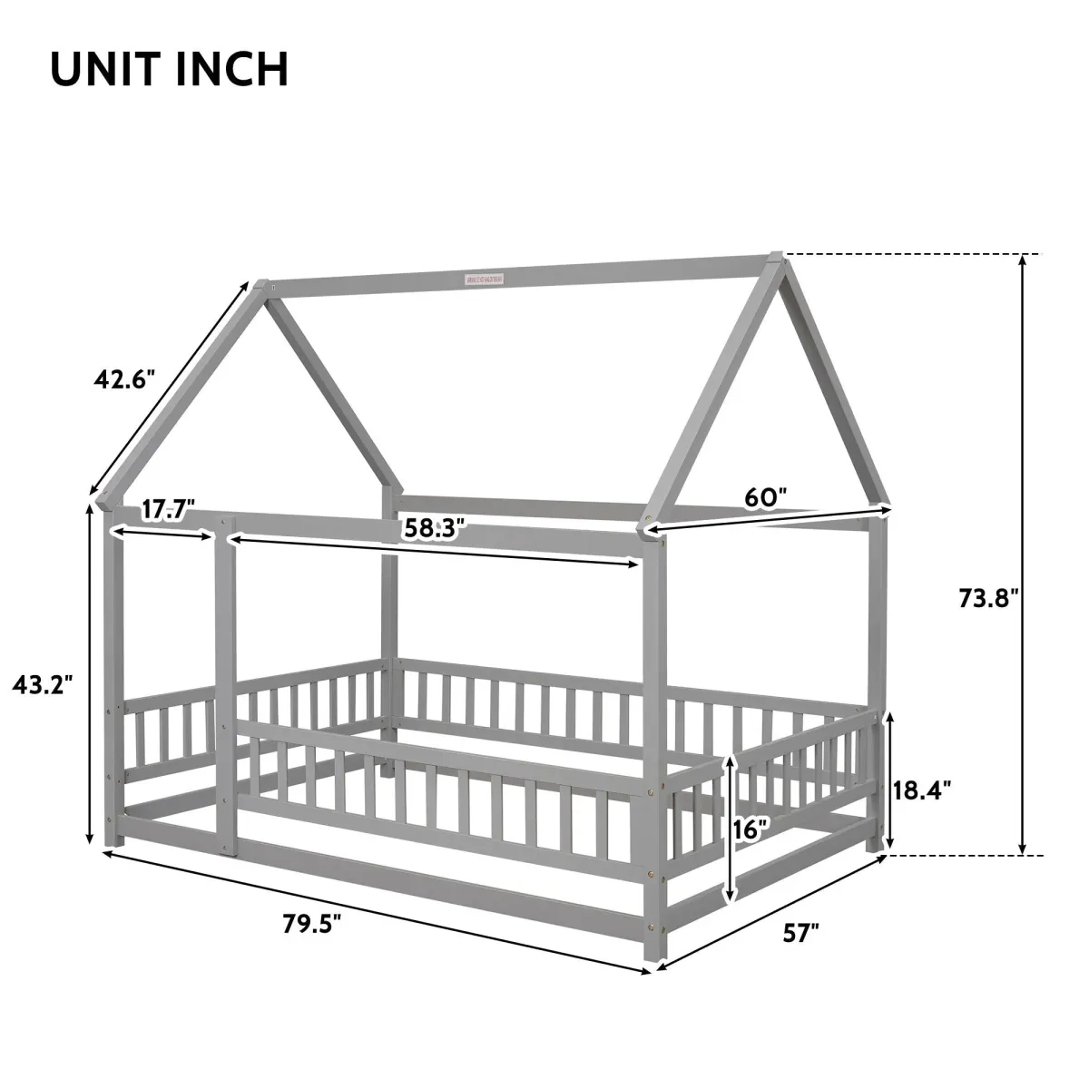 Floor Wooden Bed With House Roof Frame, Fence Guardrails