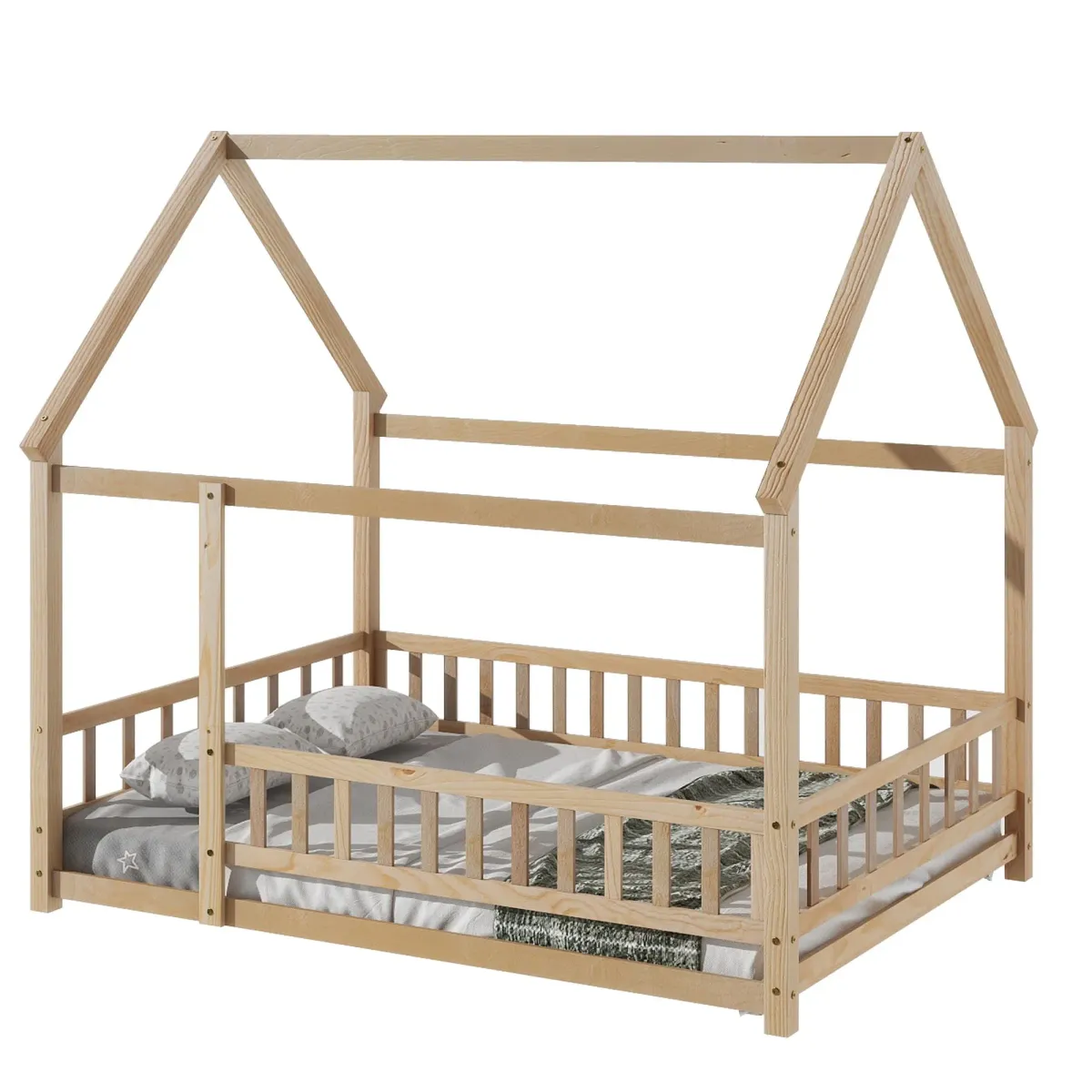 Floor Wooden Bed With House Roof Frame, Fence Guardrails