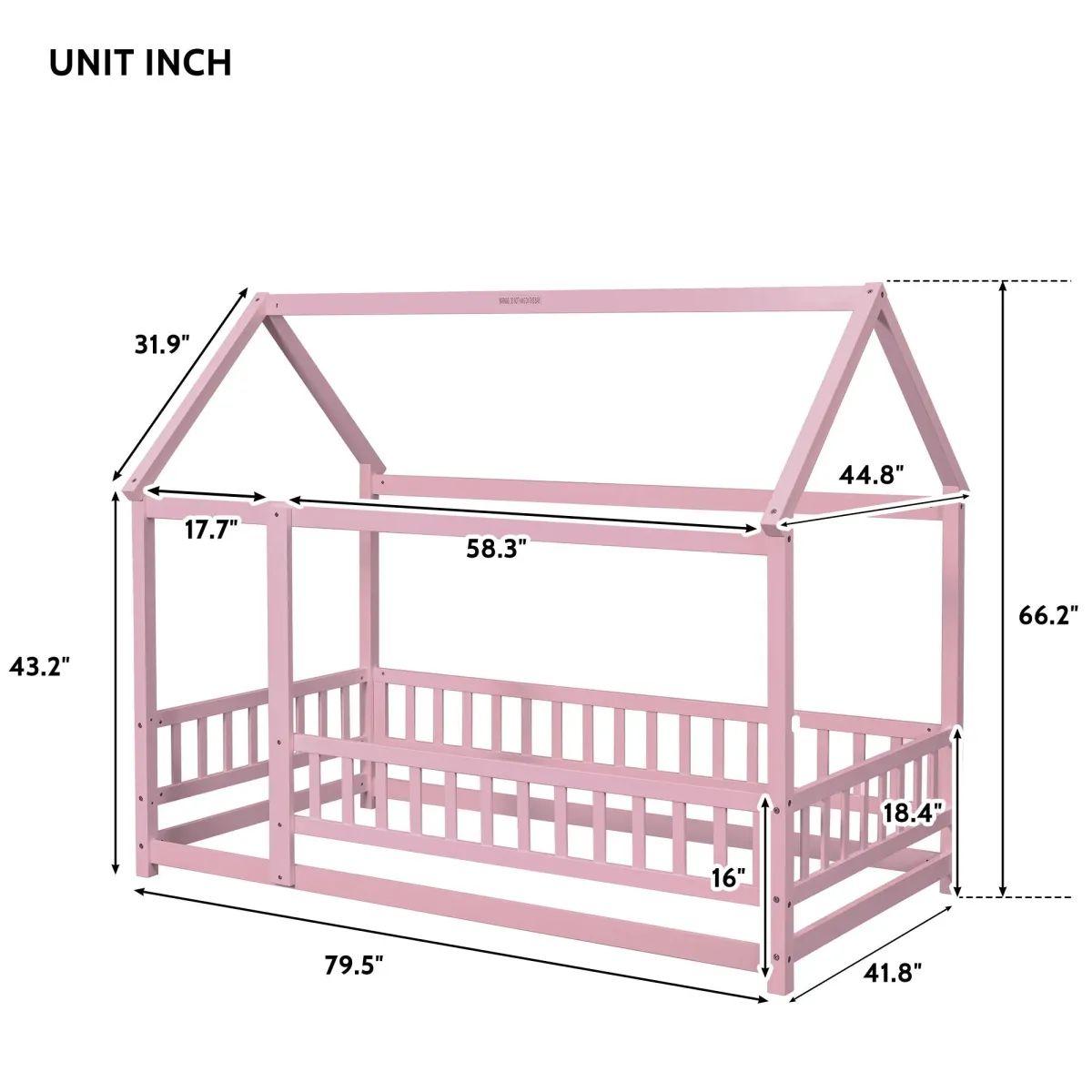 Floor Wooden Bed With House Roof Frame, Fence Guardrails