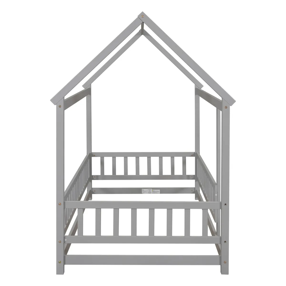 Floor Wooden Bed With House Roof Frame, Fence Guardrails