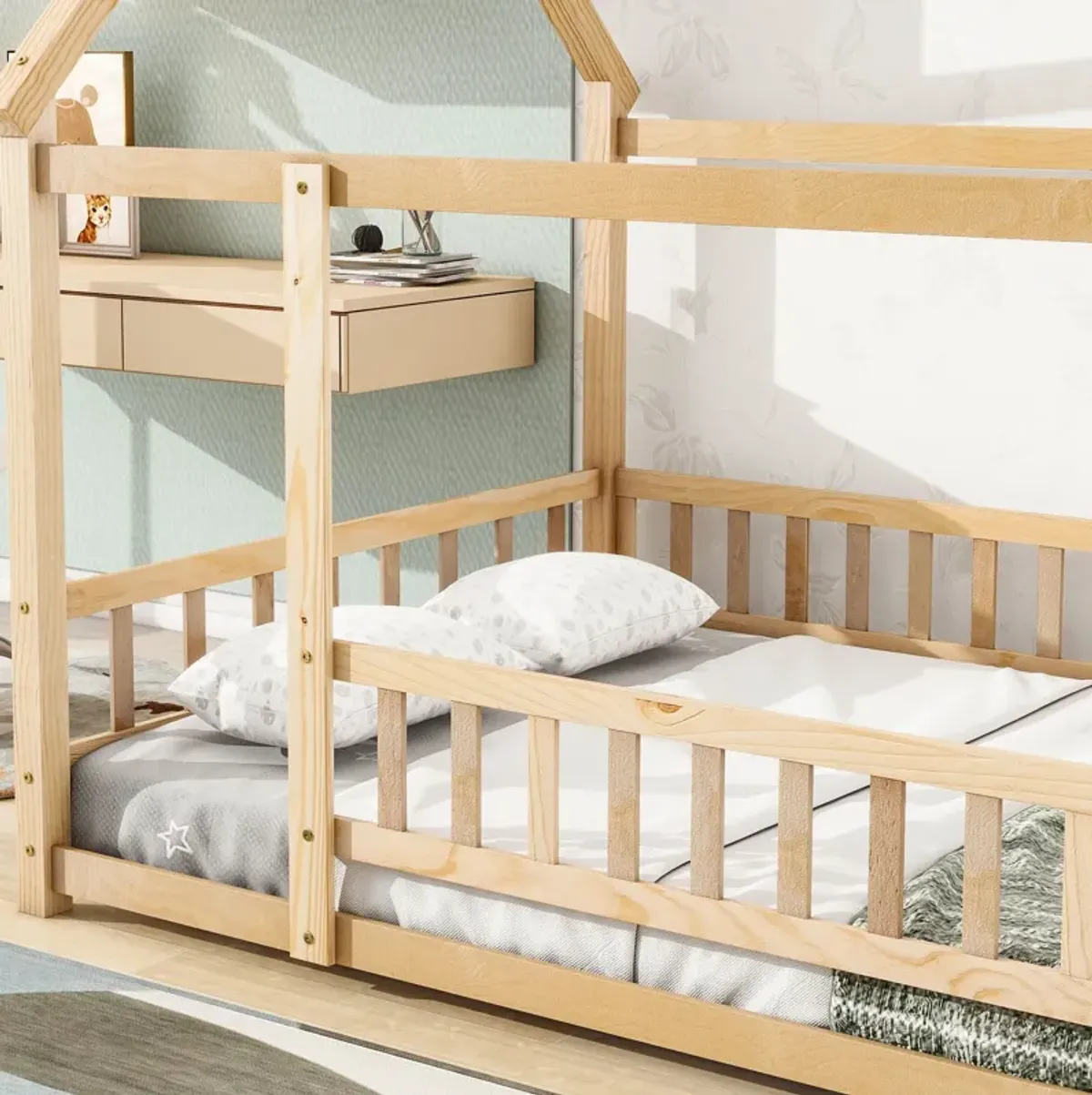 Floor Wooden Bed With House Roof Frame, Fence Guardrails