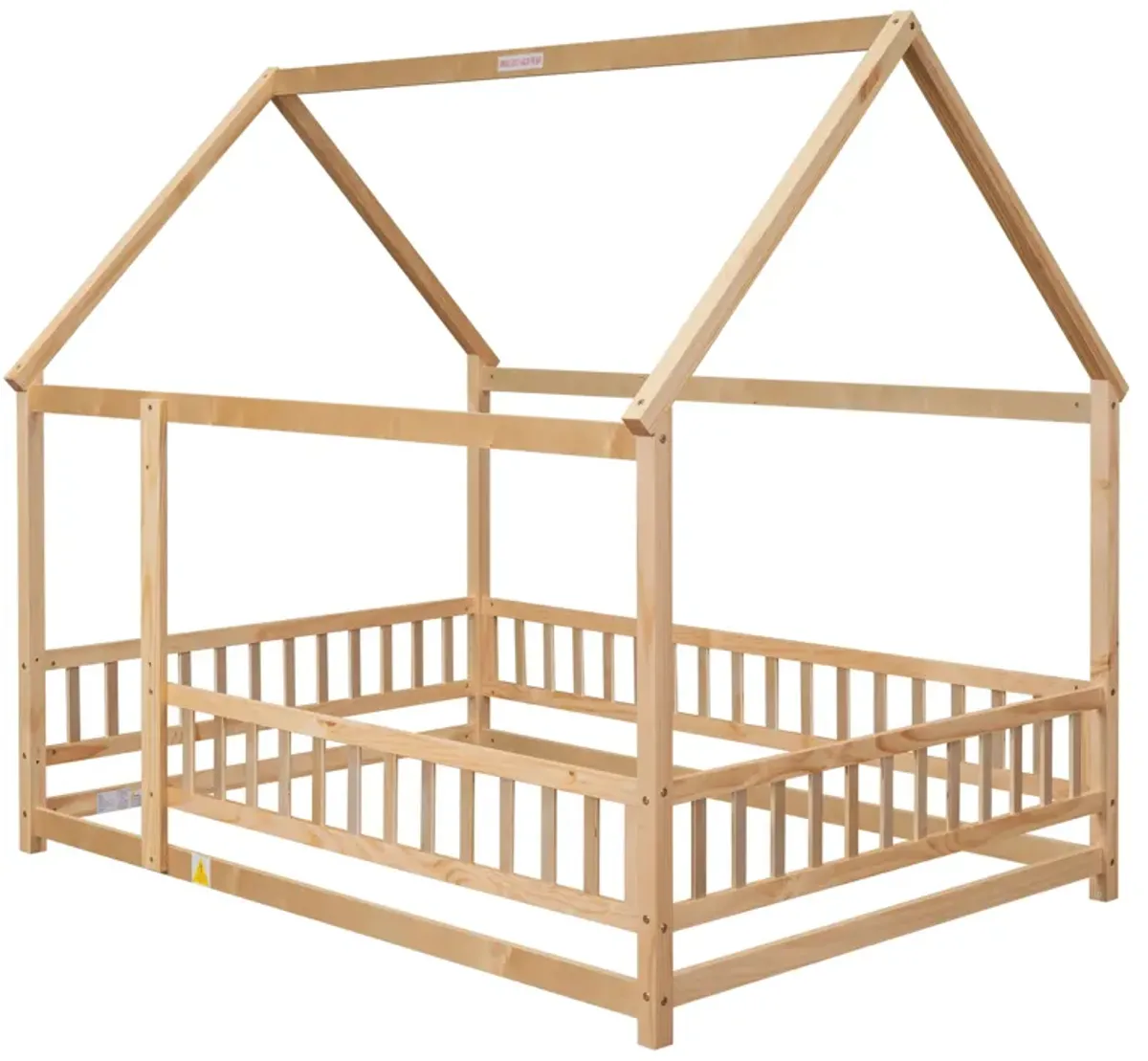 Floor Wooden Bed With House Roof Frame, Fence Guardrails