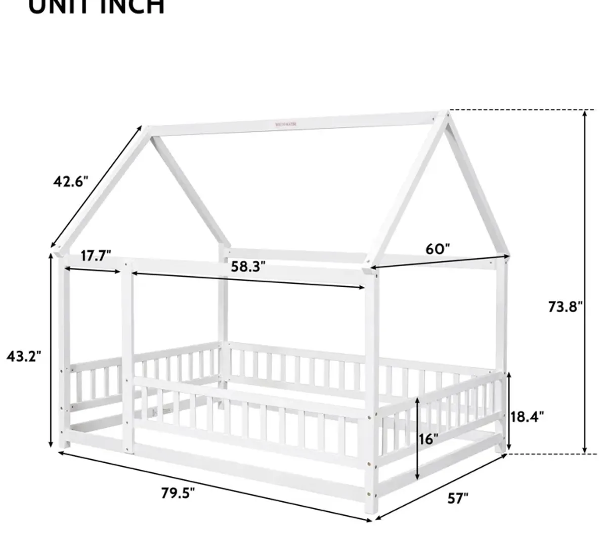 Floor Wooden Bed With House Roof Frame, Fence Guardrails