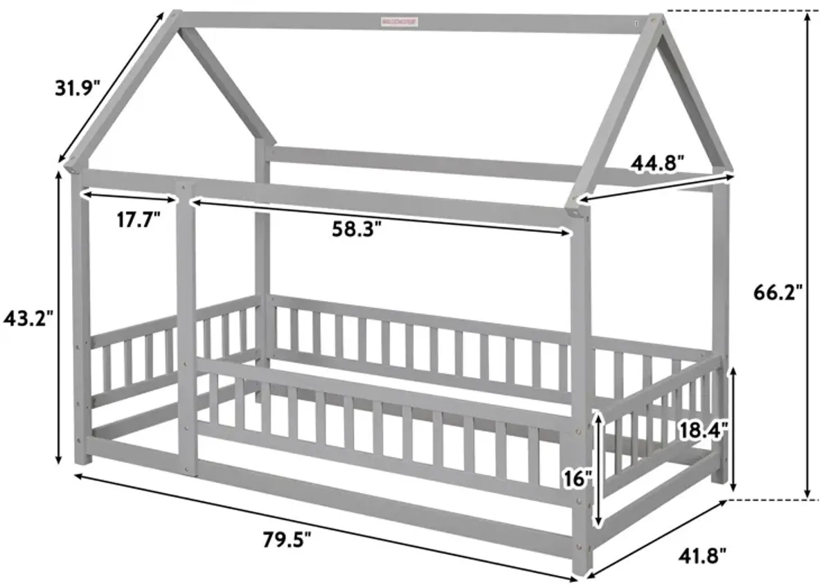 Floor Wooden Bed With House Roof Frame, Fence Guardrails