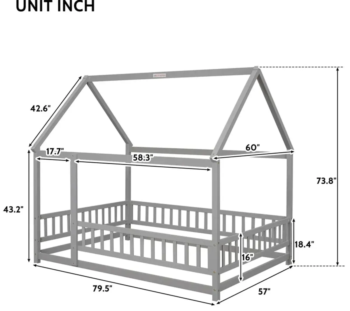 Floor Wooden Bed With House Roof Frame, Fence Guardrails