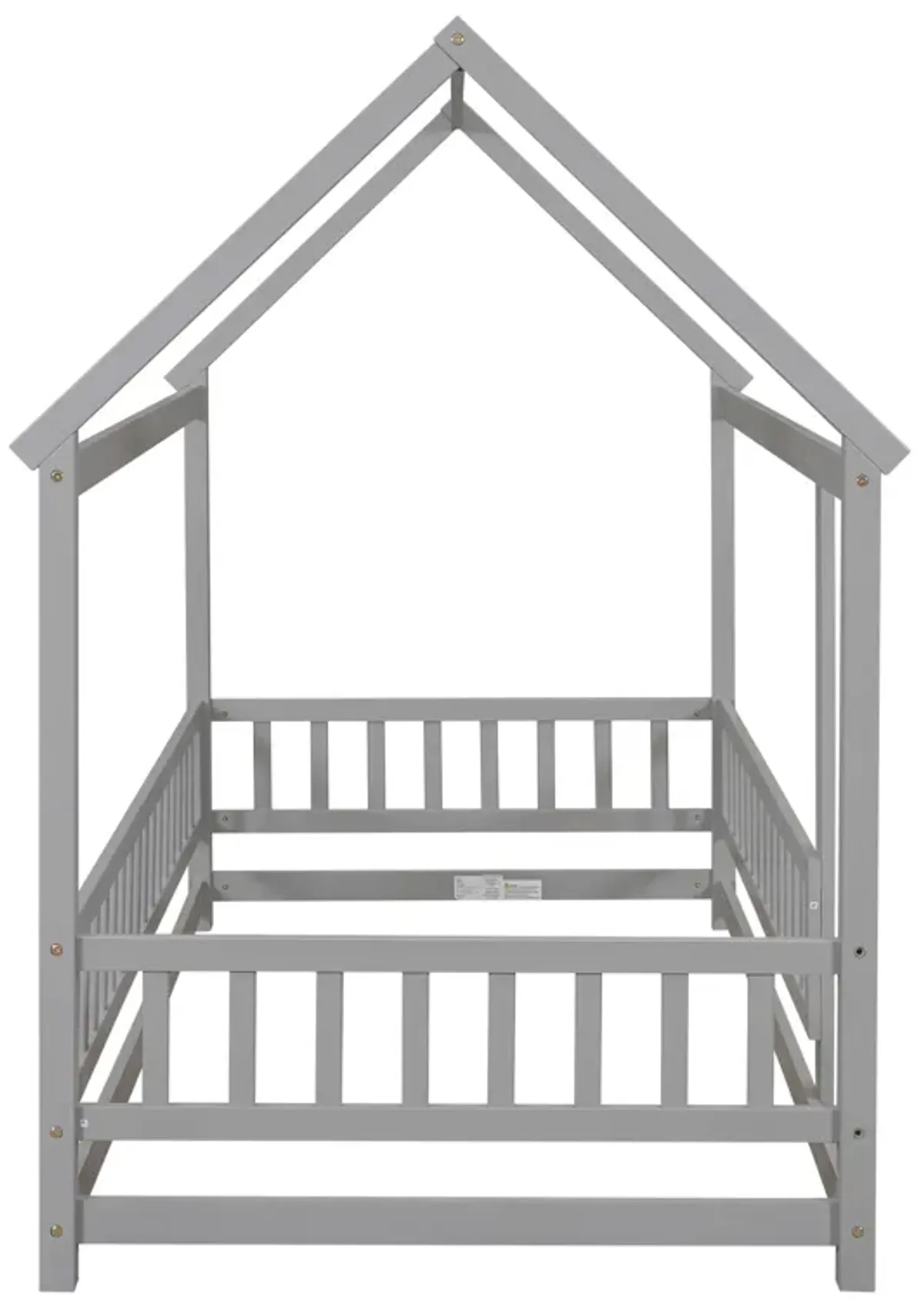 Floor Wooden Bed With House Roof Frame, Fence Guardrails