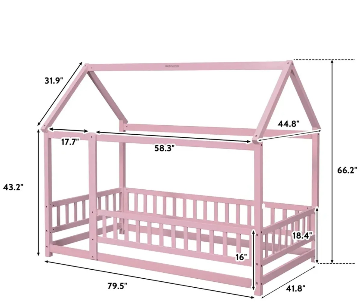 Floor Wooden Bed With House Roof Frame, Fence Guardrails